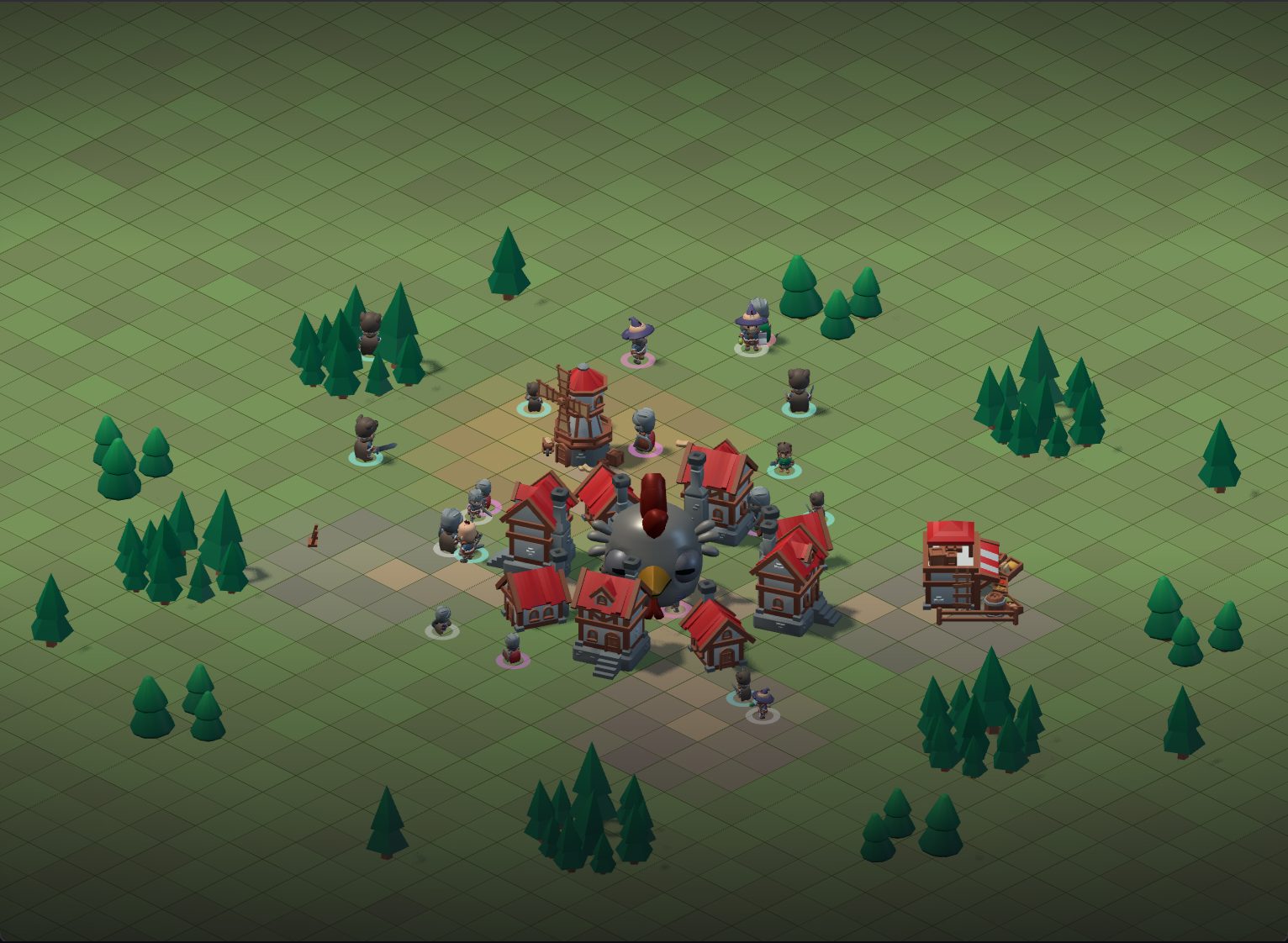 A village in SculptAI: houses, believers ringed in the colour of the version they hold, and chickens loose between them
